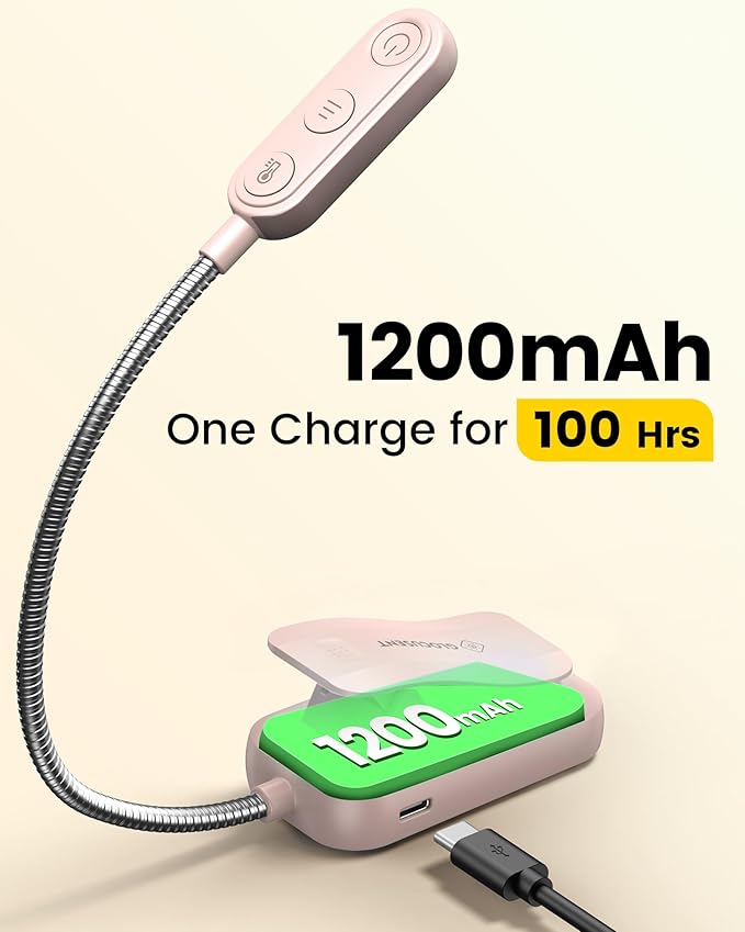 Glocusent 20 LED Reading Lights for Books in Bed, Eye Caring Reading Light, 5 Colors & 5 Brightness 3–100LM Dimmable, 1200mAh Rechargeable Book Light to 90H, Lightweight Clip on Light for Book Lovers