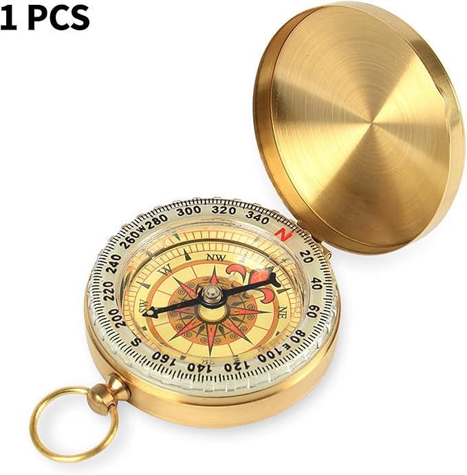 Brass Pocket Compass with Luminous Dial, Golden Vintage Pocket Watch Style Compass, Sports Waterproof Navigation Maganetic Compass with Key Ring for Outdoors Camping Hiking Survival
