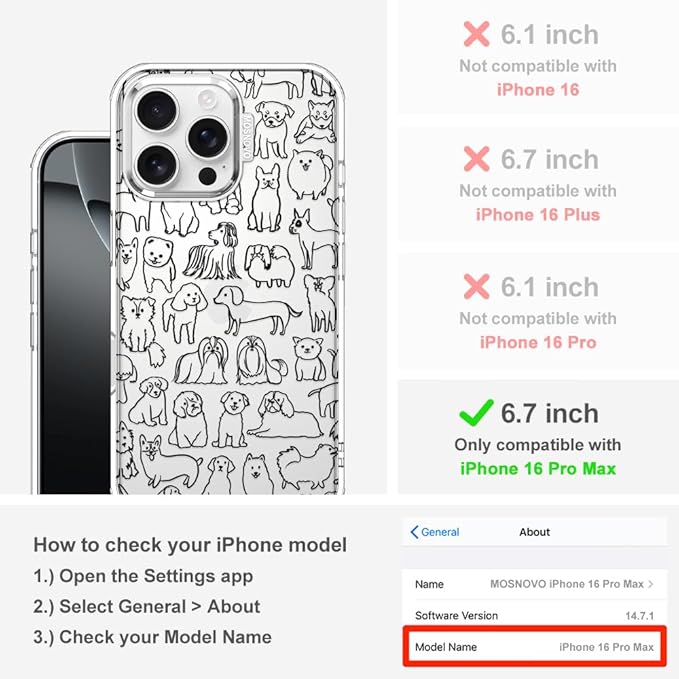 MOSNOVO Case for iPhone 16 Pro Max, [Buffertech 6.6ft Military-Grade Drop Protection] [Anti Peel Off Tech] Clear TPU Bumper Phone Case Cover Design - Doodle Dog