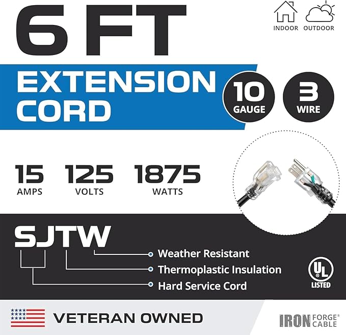 Iron Forge Cable Lighted Heavy Duty Extension Cord 6 ft - 10 Gauge Outdoor Extension Cord 15 AMP, 10/3 Black Power Cable SJTW Weatherproof with 3 Prong