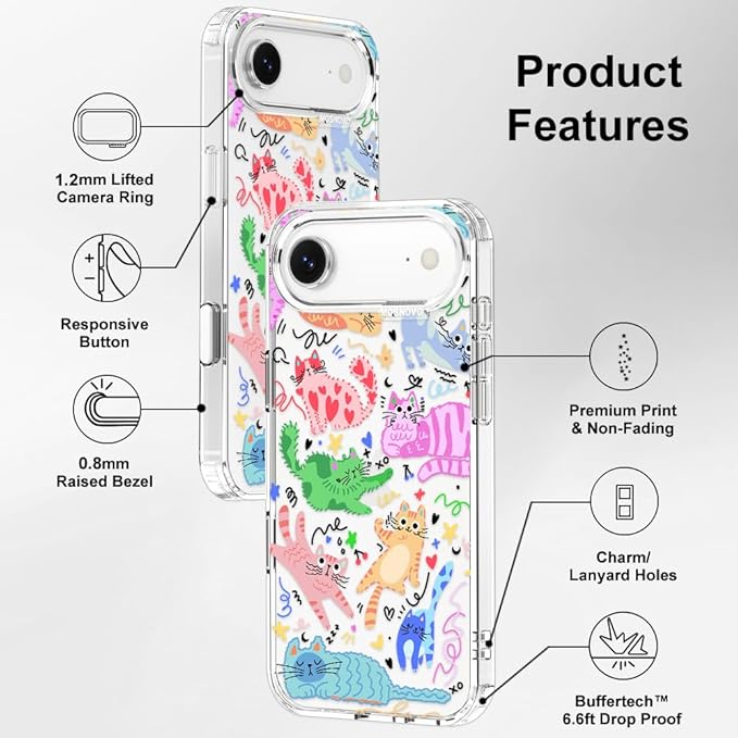 MOSNOVO for iPhone Air Case, Shockproof Military-Grade Protection 6.6ft Drop Tested, Camera Control, Clear Phone Case for iPhone 17 Air, Doodle Cats Design
