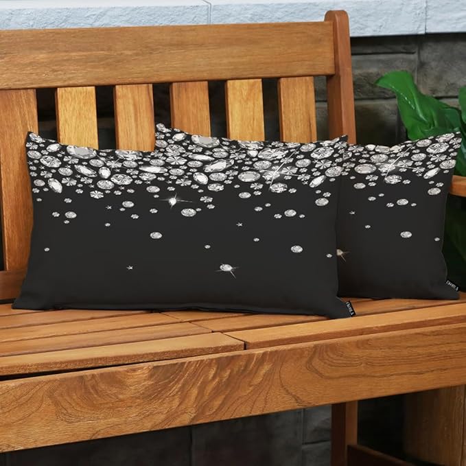 EKOBLA Shiny Diamond Rectangle Pillow Cases White Crystal Sparkle Gemstone Treasure Jewelry Waist Lumber Cotton Linen Cushion Cover Oblong Rectangle Pillowcase for Home Decoration Bedroom 12x20