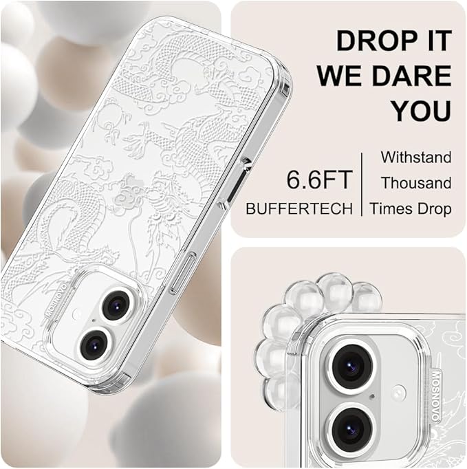 MOSNOVO Case for iPhone 16 Plus, [Buffertech 6.6ft Military-Grade Drop Protection] [Anti Peel Off Tech] Clear TPU Bumper Phone Case Cover Design - White Dragon