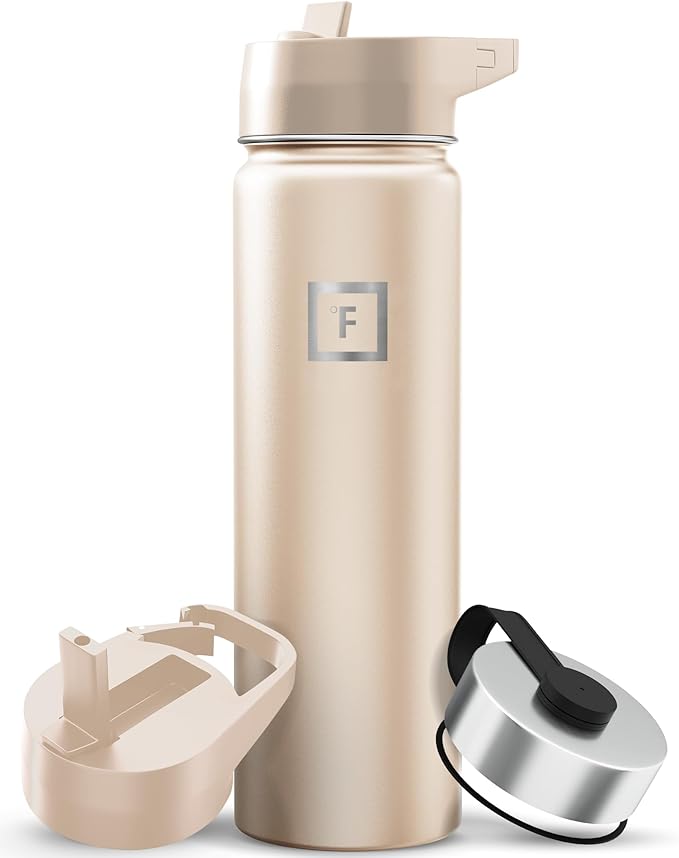 IRON °FLASK Camping & Hiking Hydration Flask with Straw, Wide Mouth Insulated Stainless Steel Sports Water Bottle - 22 oz Sand