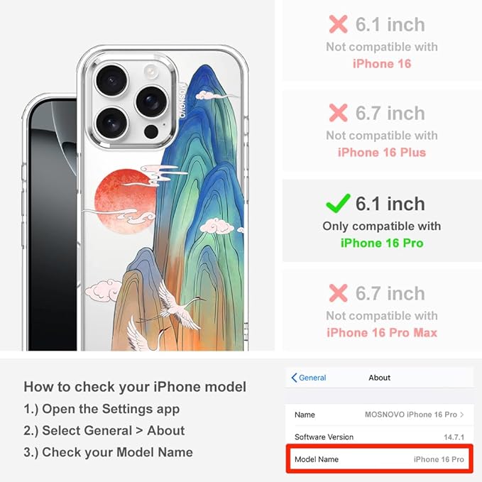 MOSNOVO for iPhone 16 Pro Case, Shockproof Military-Grade Protection 6.6ft Drop Tested, Clear Phone Case for iPhone 16 Pro, Celestial Cranes Design