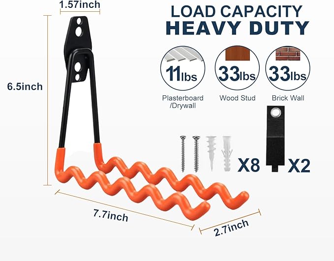 Garage Hooks Heavy Duty, 4 Pack Wave Steel Garage Storage Hooks with Anti-Slip Coating, Multi-Purpose Ladder Hooks for Hanging Garden Tools, Hoses, Bikes and Folding Chairs (Orange)