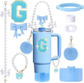 9pcs Stanley Cup Accessories Set- for 30oz 40oz Tumblers with Handle - Bule Kit Includes Bow Straw Topper and Boot, Charm, Pearl Handle Strap & Stickers - Aesthetic Girl Gifts (G)