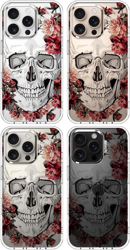 MOSNOVO Case for iPhone 16 Pro, [Buffertech 6.6ft Military-Grade Drop Protection] [Anti Peel Off Tech] Clear TPU Bumper Phone Case Cover Design - Red Flower Skull