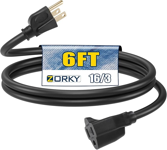 6ft Outdoor Extension Cord for Christmas Decorations- 16/3 Heavy Duty SJTW Waterproof Black Electrical Cable with 3 Prong Grounded Plug for Safety, Great for Lawn and Major Appliances