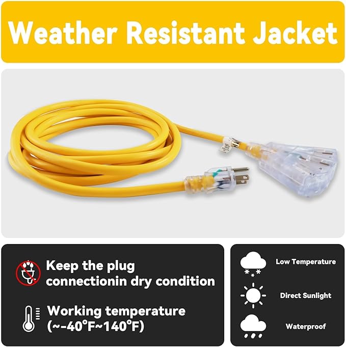 EP 30 Ft 12 Gauge Heavy Duty Extension Cord, 15A 125V 1875W, 3 Outlet Indoor/Outdoor Power Cord with Lighted End, 12/3 SJTW Weatherproof Yellow