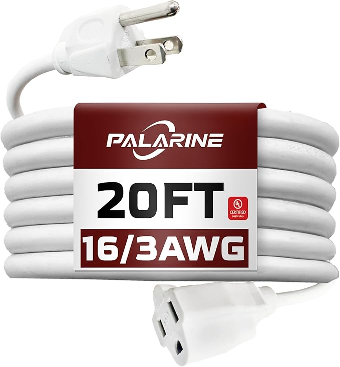 20ft White Outdoor Extension Cord Waterproof, UL Listed, 16/3 SJTW Heavy Duty 3 Prong, 16 Gauge 13A Power Cord Ideal for Indoor Outdoor Lights, Appliances, and Lawn
