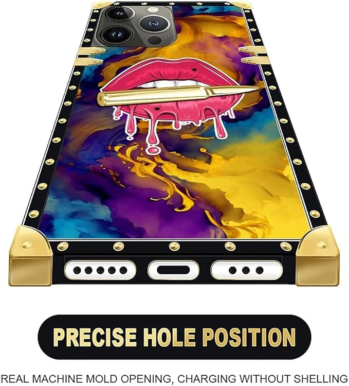 Compatible with iPhone 16 Pro Case, Cool Corlorful Lip Marble Luxury Golden Decoration for Girl Women Soft TPU Shockproof Protective Hard PC Back for iPhone 16 Pro