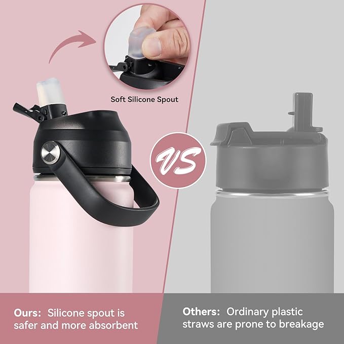 Fijinhom 24oz Insulated Stainless Steel Water Bottle, Wide Mouth Double Wall Vacuum, Silicone Straw, Sweat & Leak Proof, BPA Free Insulated Water Flask for Travel, Keep Cold 24h Hot 12h, Light Pink