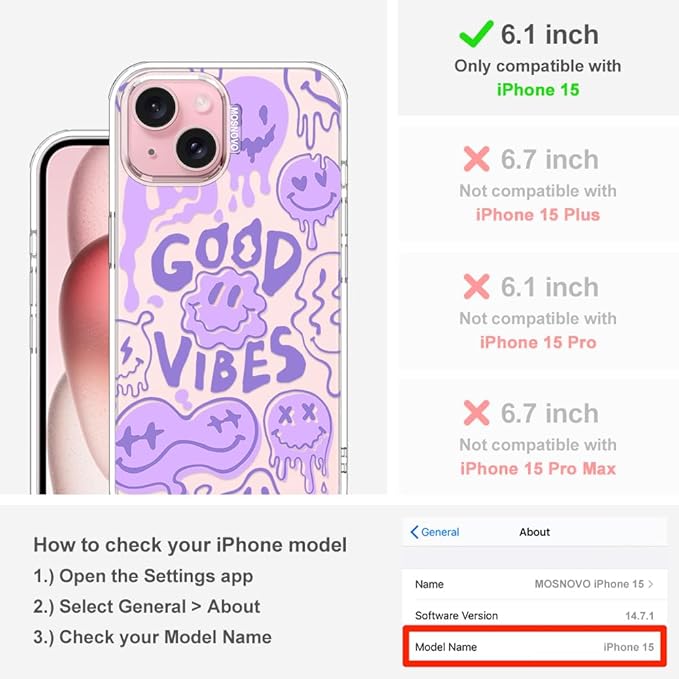 MOSNOVO Case for iPhone 15, [Buffertech 6.6ft Military-Grade Drop Protection] [Anti Peel Off Tech] Clear TPU Bumper Phone Case Cover Design - Good Vibes