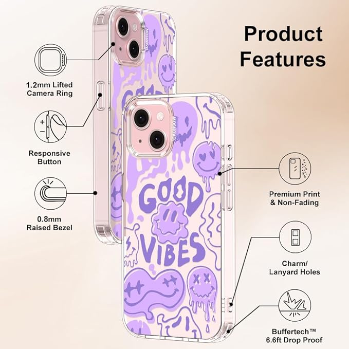 MOSNOVO Case for iPhone 15, [Buffertech 6.6ft Military-Grade Drop Protection] [Anti Peel Off Tech] Clear TPU Bumper Phone Case Cover Design - Good Vibes