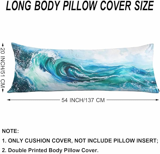 Couch Body Pillow Cover Ocean Wave Bedding Body Pillow Case for Men Women, Watercolor Sea Waves Blue Oblong Pillow Covers Throw Cushion Cases for Home Sofa Livingroom 20"X 54"