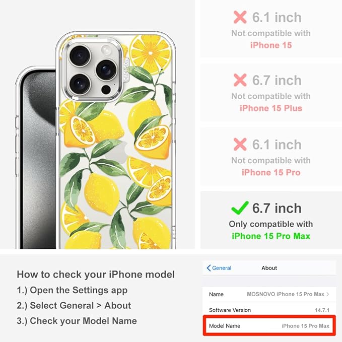 MOSNOVO Case for iPhone 15 Pro Max, [Buffertech 6.6ft Military-Grade Drop Protection] [Anti Peel Off Tech] Clear TPU Bumper Phone Case Cover Design - Lemon