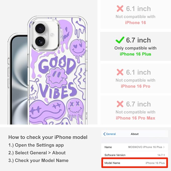 MOSNOVO Case for iPhone 16 Plus, [Buffertech 6.6ft Military-Grade Drop Protection] [Anti Peel Off Tech] Clear TPU Bumper Phone Case Cover Design - Good Vibes