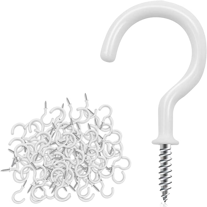 Cup Screw Hooks,3/4 inch Vinyl Coated Ceiling160 Pack Screw in Hooks Plant Hanger Wind Chimes Kitchen Cup Hooks Great for Hanging Indoor & Outdoor Use(White)