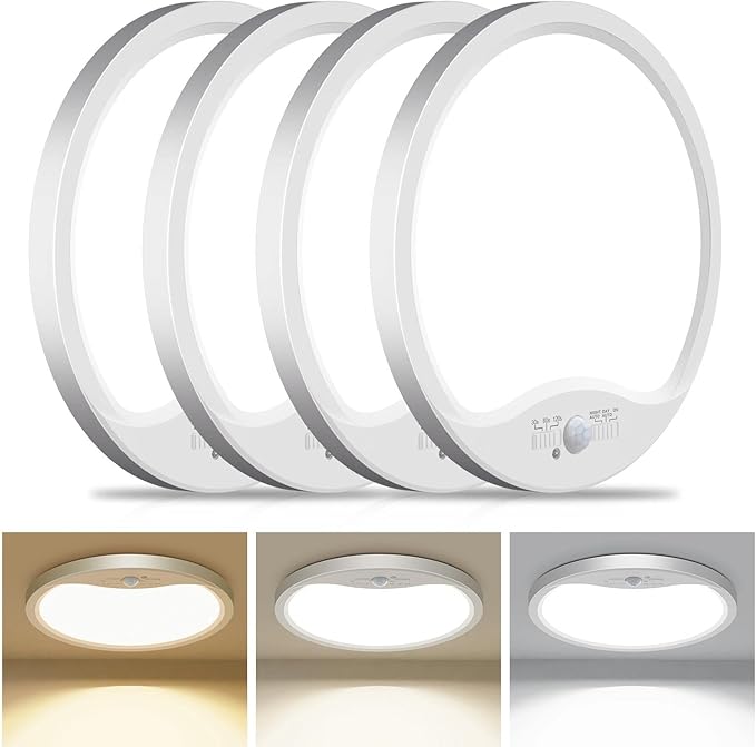 hepside 4 Pack Motion Sensor Ceiling Light Wired, 3000K/4000K/6500K LED Flush Mount Ceiling Light Fixture, 8.7Inch 18W Motion Sensor Light with Timer for Closet Stair Porch Hallway Pantry,White