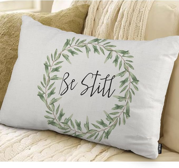 EKOBLA Rustic Be Still Rectangle Throw Pillow Case Green Olive Wreath Leaves Waist Lumber Cotton Linen Cushion Cover Oblong Rectangle Pillowcase for Men Women Home Decoration Bedroom 12x20 Inches