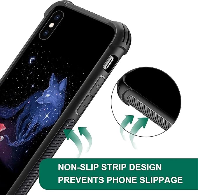 for iPhone X/Xs Case, Galaxy Fox Wolf Pattern Graphic Design Girl Boy Soft Silicone Hard Acrylic Shock Protection for iPhone X/Xs