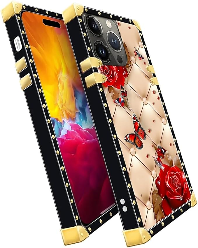 Compatible with iPhone 15 Pro Max Case, Shining Red Rose Butterfly Leather Background Luxury Golden Decoration for Girl Women Soft TPU Shockproof Protective Hard PC Back