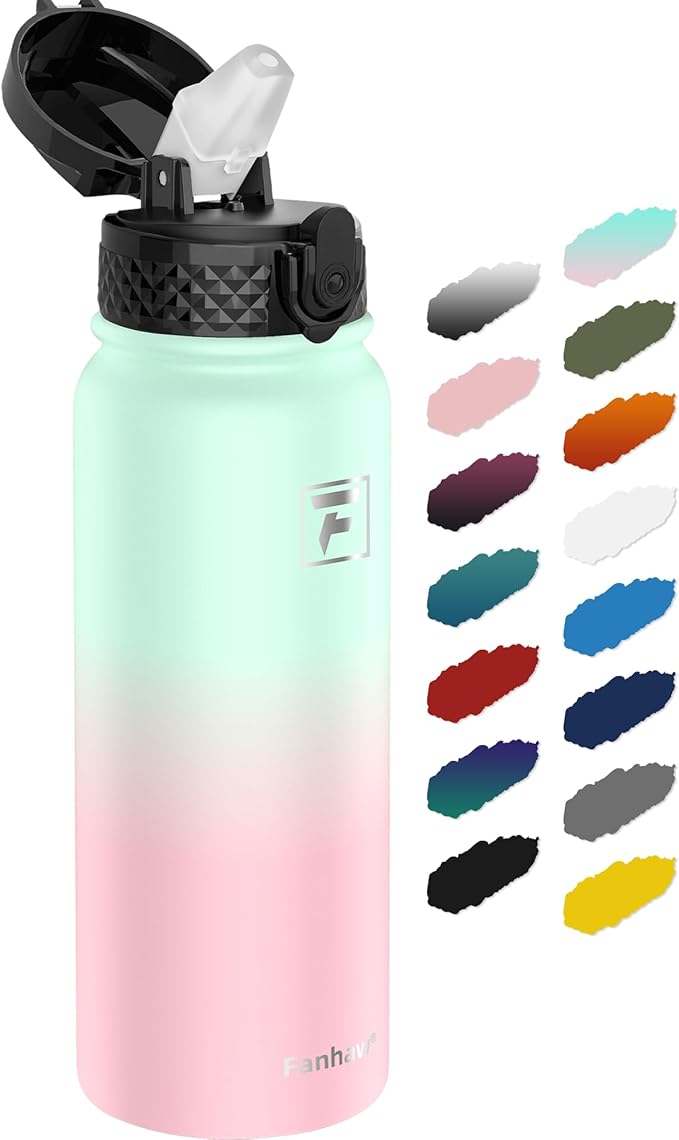 Fanhaw 20 oz Insulated Stainless Steel Water Bottle with Straw Lid, Leakproof & Anti-Dust Sports Bottle for Kids, Women & Men (Green Pink)