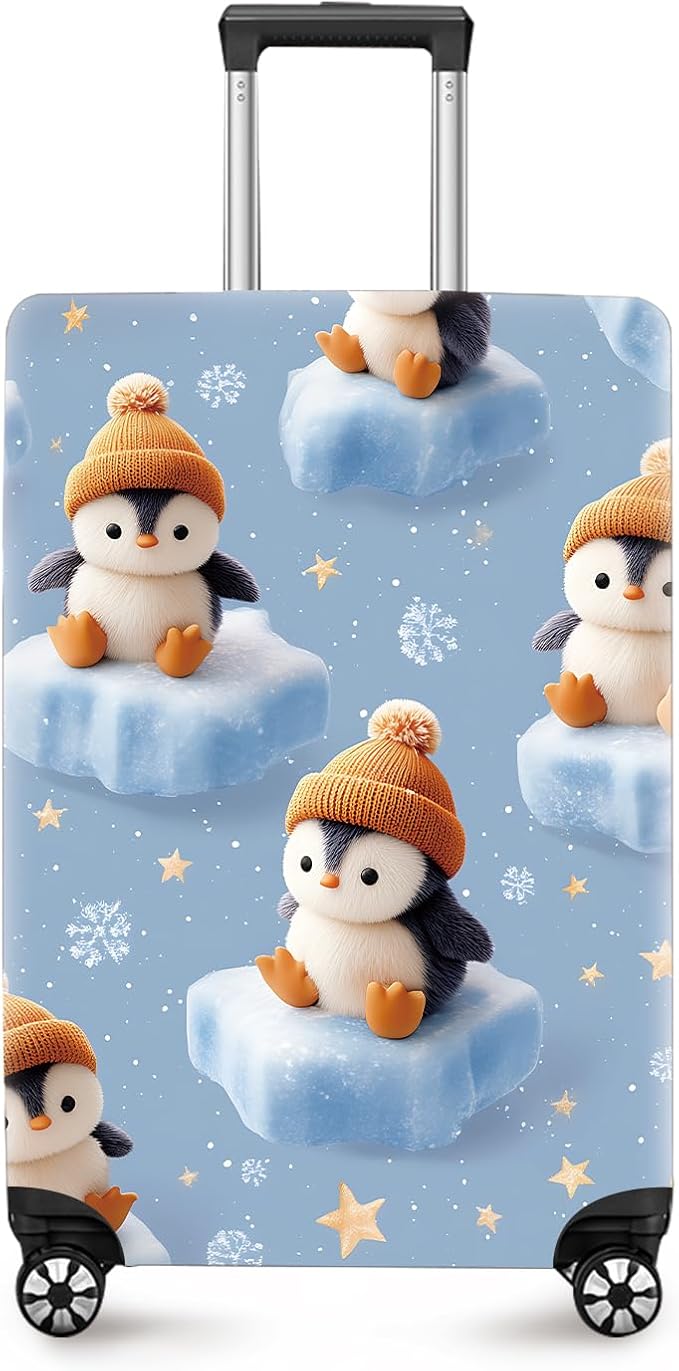 ANNA QUEEN Winter Penguin Luggage Cover, Cute Penguin on Ice Pattern Suitcase Protector, Washable Stretchable Travel Sleeve for 32-34 Inch Luggage