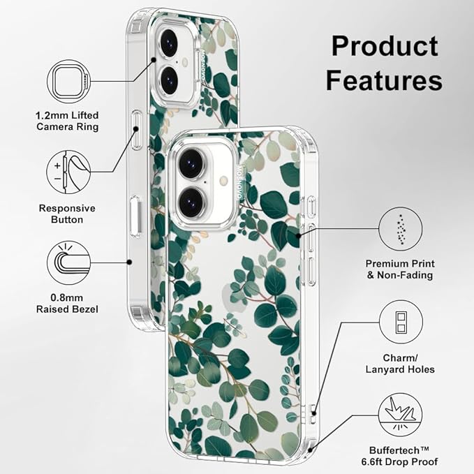 MOSNOVO for iPhone 17 Case | Military Grade 6.6ft Drop Tested | Camera Control | Clear with Eucalyptus Design