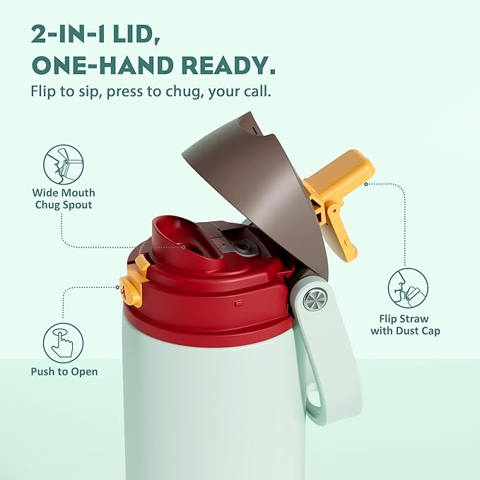 POWCAN 18 oz Travel Water Bottle: 2-in-1 Push-Button Spout & Quick-Flip Straw, Leakproof, Cold 24Hrs, Fits Car Cup Holder, Stainless Steel Sports Cup for School, Travel, Gym, Outdoor Gift (Clay Bay)