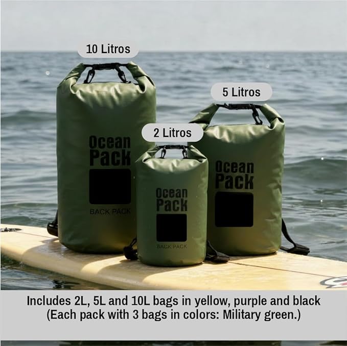 Waterproof Dry Bag Set of 3 (2L 5L 10L) – Roll Top PVC Dry Bags Waterproof for Kayaking, Camping, Beach & Travel – Floating Compression Dry Sack Backpack for Outdoor Gear (Military Green)