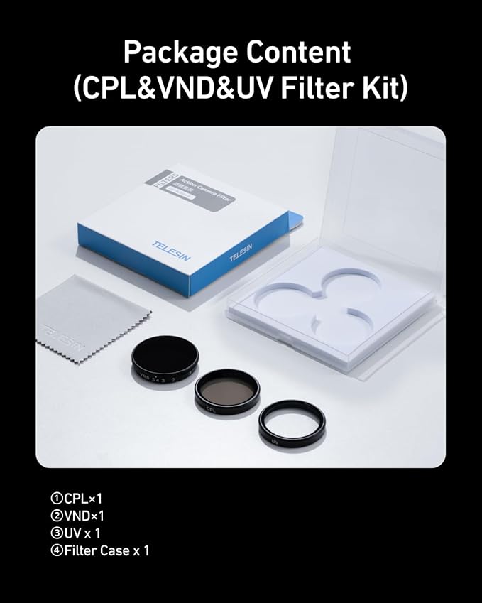 TELESIN Filters Set for DJI Osmo Action 5 Pro / 4/3, VND 2-32 Variable ND Filter, CPL Polarizer & UV Lens Filter Kit, Snap-On HD Optical Glass Filters for Vlogging, Travel & Action Camera Video