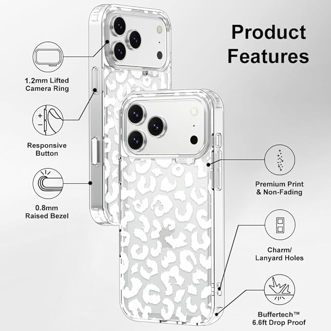 MOSNOVO for iPhone 17 Pro Max Case | Military Grade 6.6ft Drop Tested | Camera Control | Clear with White Leopard Print Design
