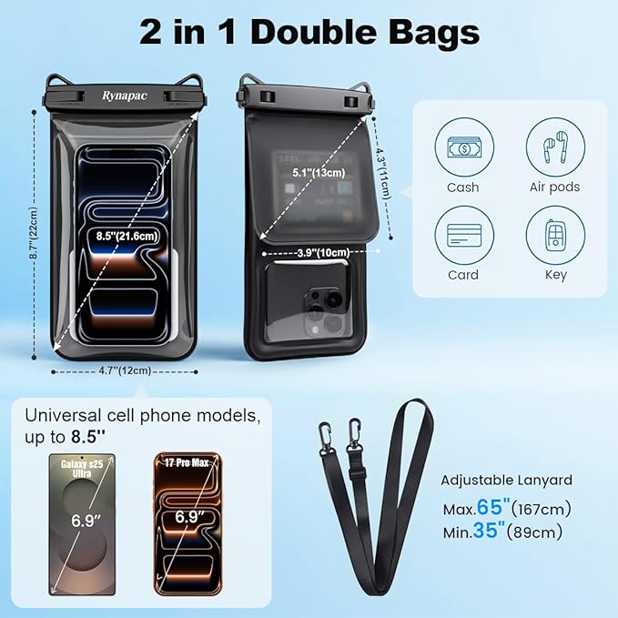 Rynapac IPX8 Waterproof Phone Pouch Floating, [Up to 8.5''] Double Space Waterproof Phone Case with Adjustable Lanyard for iPhone 17 16 15 Pro Max, Cell Phone Dry Bag for Beach Cruise Ship Essentials