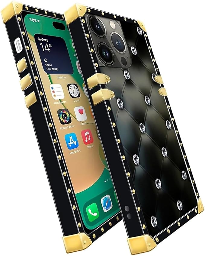 Compatible with iPhone 14 Pro Max Case, Shiny Black Sofa Crystal Luxury Golden Decoration for Girl Women Soft TPU Shockproof Protective Hard PC Back for iPhone 14 Pro Max