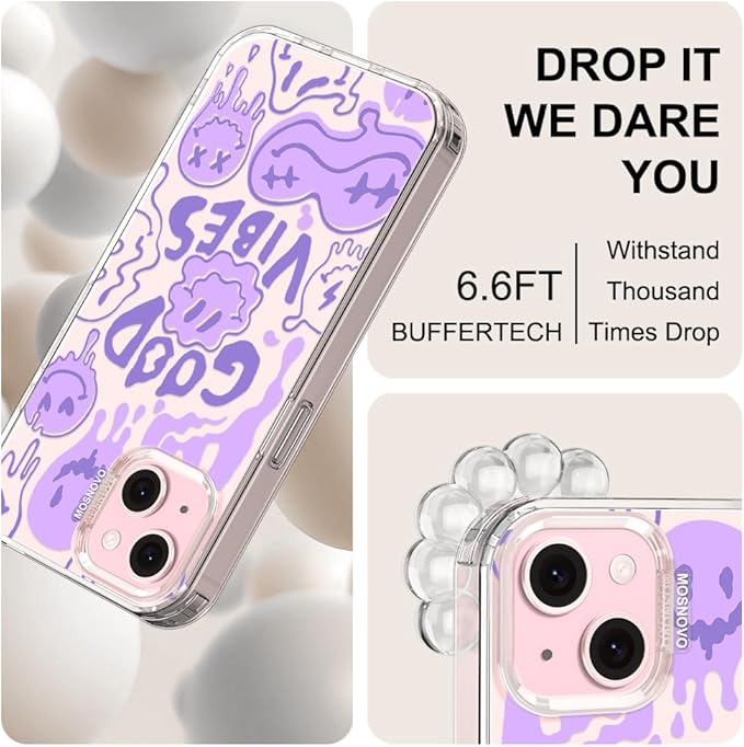 MOSNOVO Case for iPhone 15 Plus/iPhone 14 Plus, [Buffertech 6.6ft Military-Grade Drop Protection] [Anti Peel Off Tech] Clear TPU Bumper Phone Case Cover Design - Good Vibes