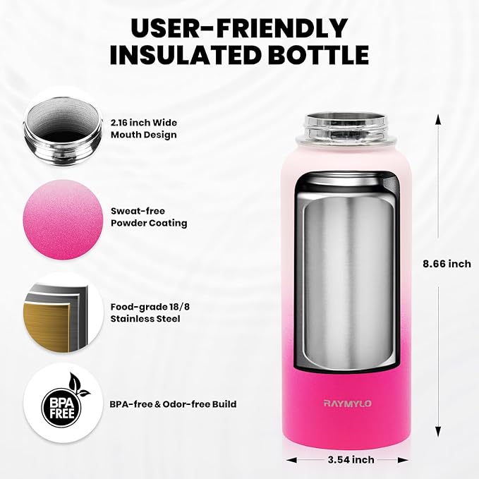 RAYMYLO Insulated Water Bottle 32 oz, Triple Wall Vacuum Stainless Steel (Cold for 24Hrs, Hot for 12Hrs), Leak Proof & Non-BPA, Modern Water Flask Jug with Paracord Handle & Straw Spout Lids
