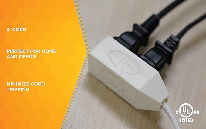 Woods SlimLine Extension Cord - 16/3 Indoor Flat Plug with Right Angled Design - 3 Polarized Outlets - PVC Jacket - Space Saving - Neutral White - 16 Gauge - 3 Feet