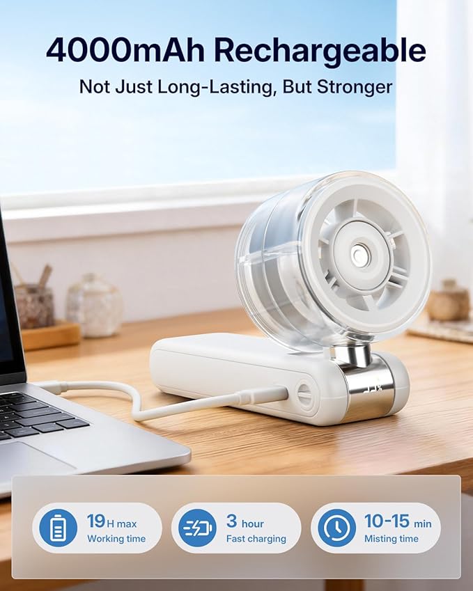 Misting Fan Portable - Handheld Turbo Fan with Mist, Spray Water Mister Fans, 4000mAh Rechargeable, 5-Speeds, Personal Gifts for Women Beach Travel Outdoor - White