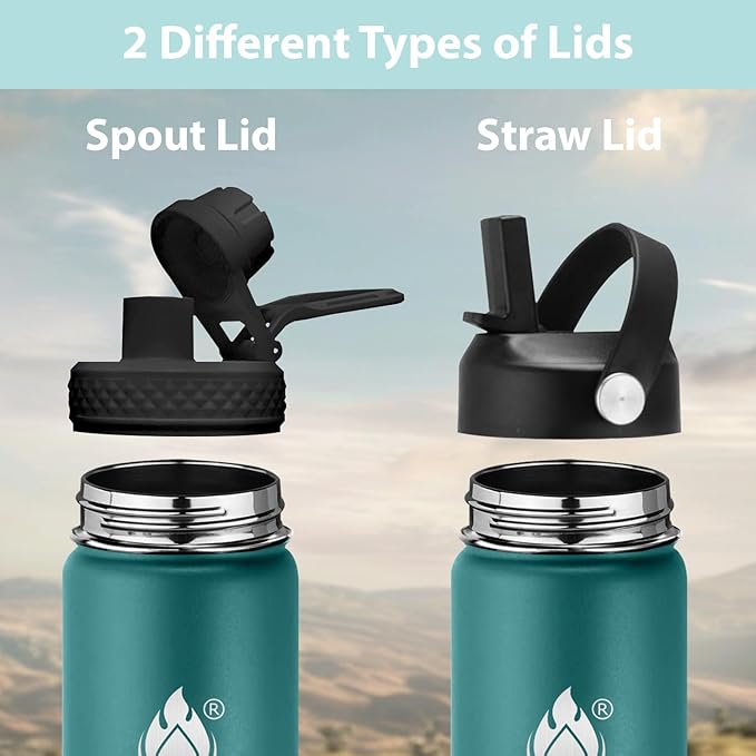 Insulated Water Bottle 24 oz with Straw, Stainless Steel Wide Mouth Water Bottle, Double Wall Vacuum Leak Proof with Straw Lid & Spout Lid for Sports or Office, Keep Cold or Hot Up to 24 Hrs