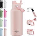 32oz Insulated Water Bottle with 2-in-1 Straw and Spout Lid, 304 Stainless Steel Water Bottle Keep Cold for 24H,Leak-Proof,Sports Water Bottle with Braided Carry Strap for School,Gym,Travel, Pink