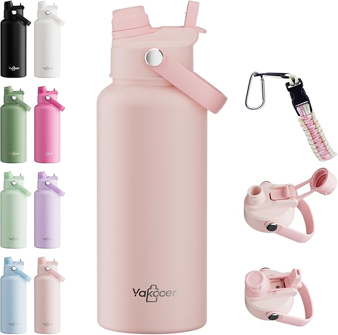 32oz Insulated Water Bottle with 2-in-1 Straw and Spout Lid, 304 Stainless Steel Water Bottle Keep Cold for 24H,Leak-Proof,Sports Water Bottle with Braided Carry Strap for School,Gym,Travel, Pink