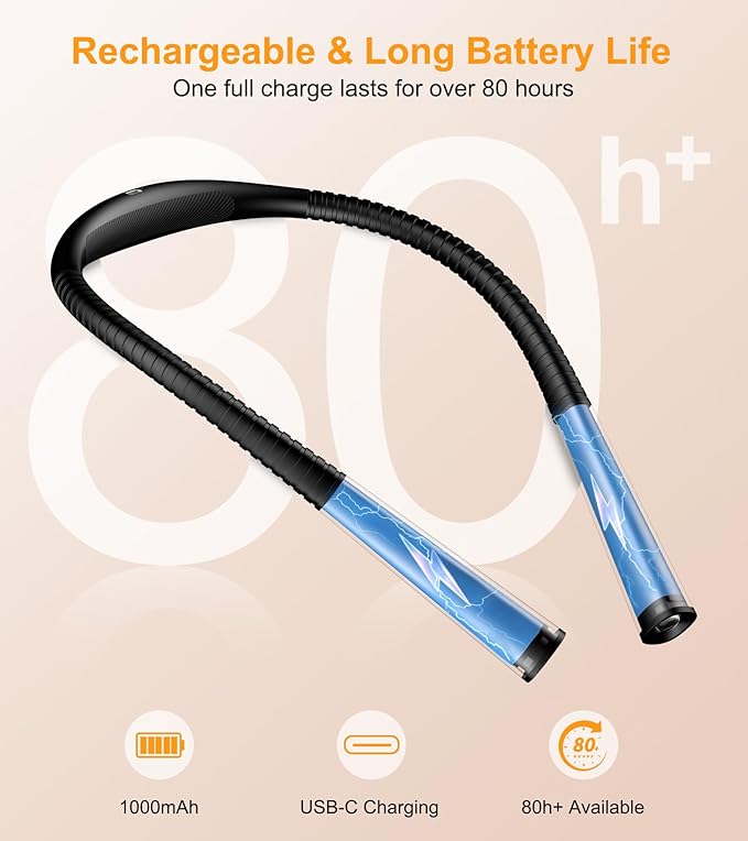 Gritin Book Light, Eye Caring 4-Color & 5-Brightness Neck Light Reading Light- Stepless Dimming,30-min Timer,80+ Hrs Runtime,Bendable Round Neck Design, Lightweight for Reading-Black