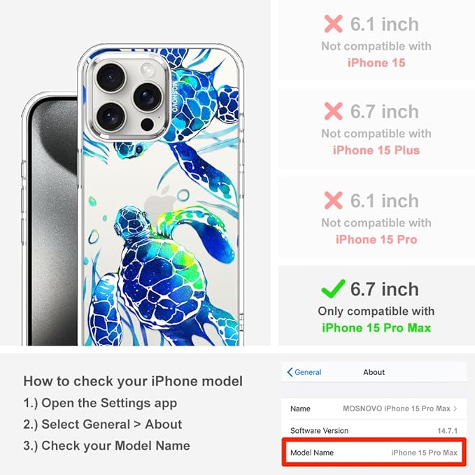 MOSNOVO Case for iPhone 15 Pro Max, [Buffertech 6.6ft Military-Grade Drop Protection] [Anti Peel Off Tech] Clear TPU Bumper Phone Case Cover Design - Sea Turtles