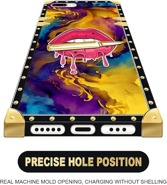 Compatible with iPhone 8 7 SE Case, Cool Corlorful Lip Marble Luxury Golden Decoration for Girl Women Soft TPU Shockproof Protective Hard PC Back for iPhone 8 7 SE