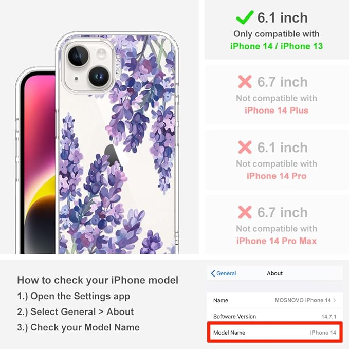 MOSNOVO for iPhone 13/14 Case | Military Grade 6.6ft Drop Tested | Clear with Lavender Design