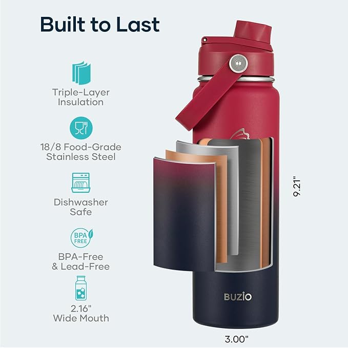 BUZIO 24 oz Insulated Water Bottle, Stainless Steel Wide Mouth Water Flask with Straw Lid, Cold for 48 Hrs Leak Proof Metal Hydro Thermo Canteen Mug, Red Navy