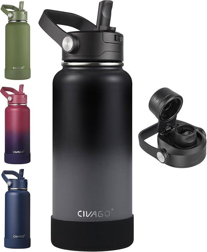 CIVAGO 32 oz Insulated Stainless Steel Water Bottle with Detachable Straw, Large Metal Water Jug with Bucket Handle, Leakproof Sports Travel Water Flask with Silicone Boot, Dishwasher Safe, Ombre Gray