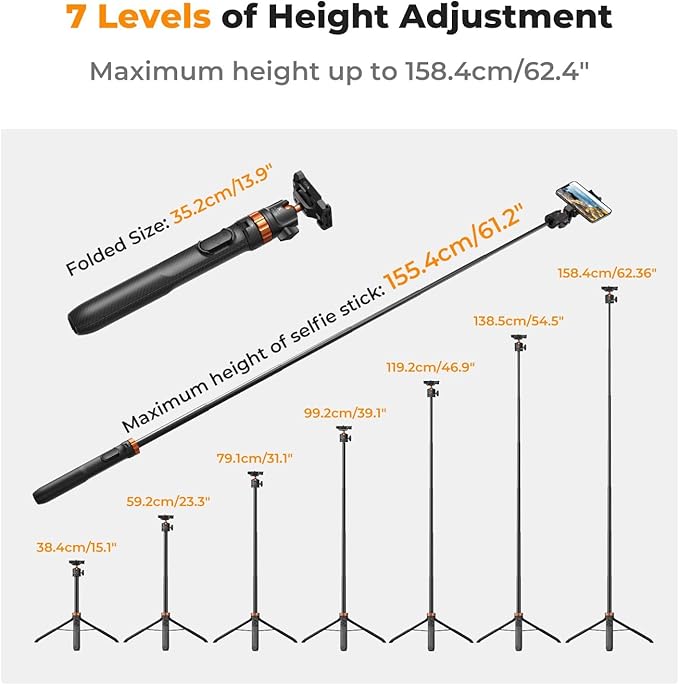 K&F CONCEPT 62'' Phone Selfie Stick Tripod, 2-in-1 Extendable Cell Phone Tripod Stand with Remote, 360° Ball Head Camera Tripod Compatible with DJI Osmo Pocket 4/3 Action 6/5Pro GoPro 13/12 iPhone.